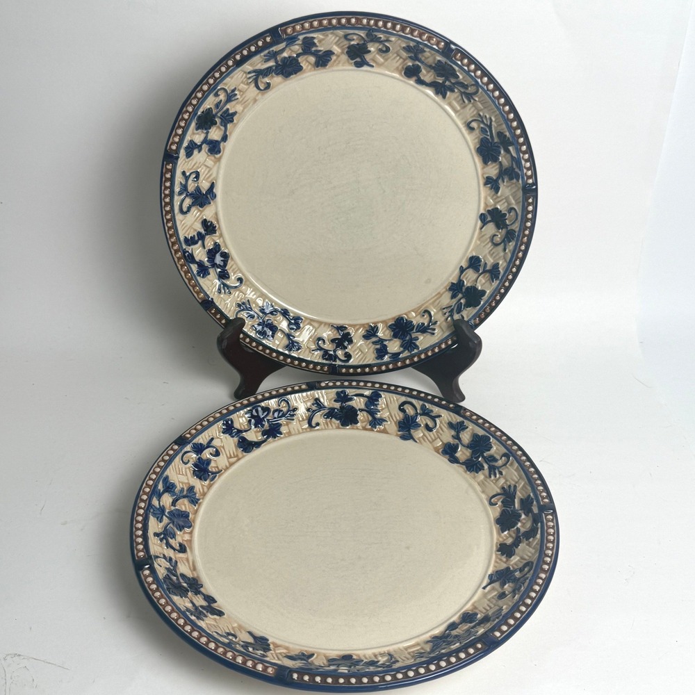 Temp-tations By Tara Floral Lace Blue‎ White Dinner Plates 10" Set 2 Stoneware